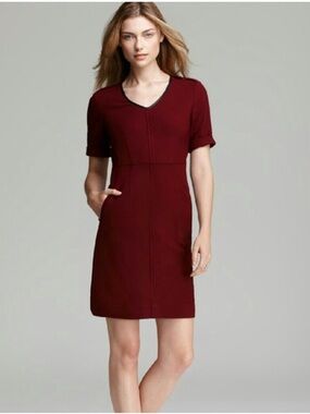 BURBERRY Burgundy Wool Sheath Dress | Leather Trim Epaulets, Pockets, VNeck